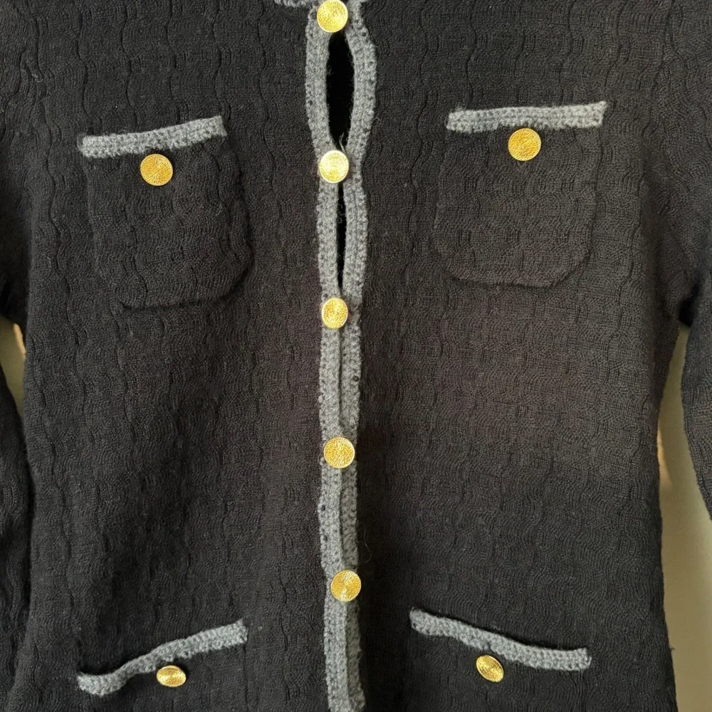 TRINA TURK Black Knit 100%‎ Wool Cardigan Blazer Gold Button Pockets Size S